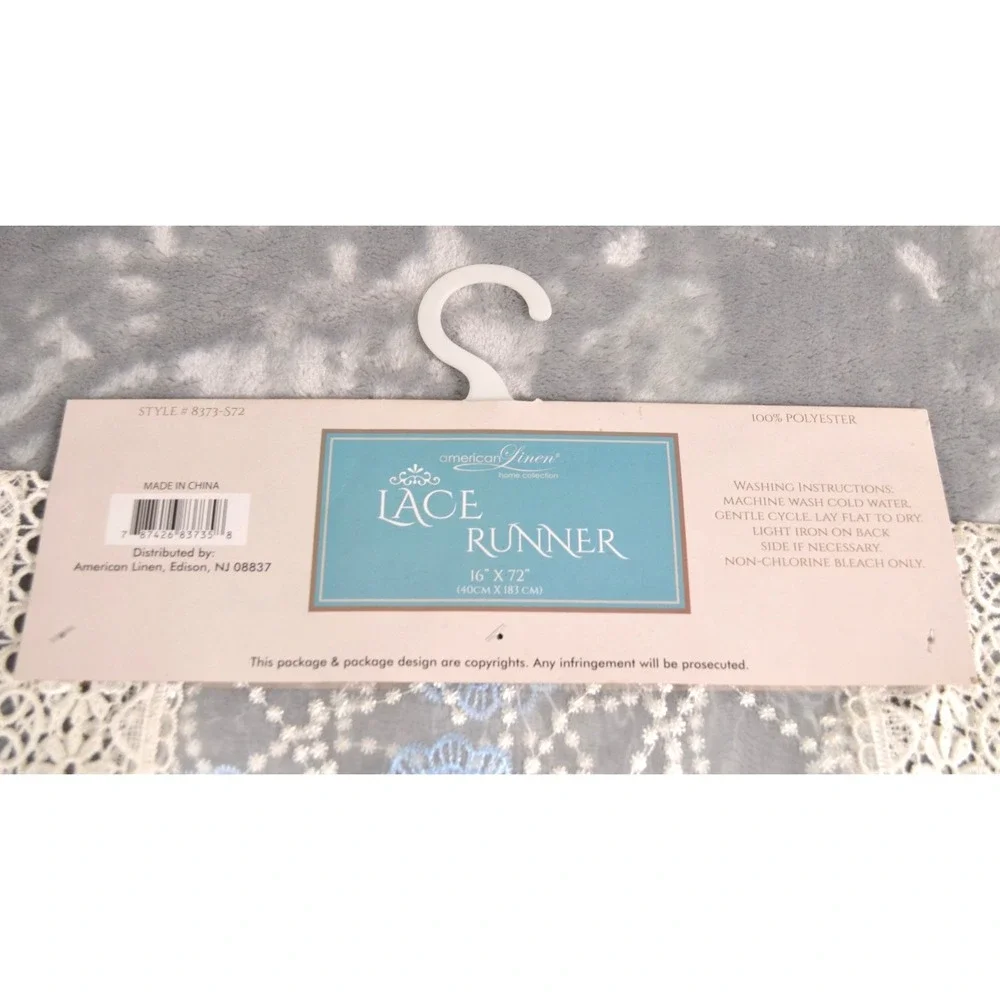 American Linen Chic White & Blue Lace Linen Table Runner Doily 16